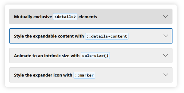An accordion component, with 4 collapsed sections, one is focused.