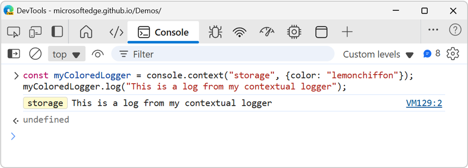 Mockup showing how the proposed contextual logs would look like. The log message displays a badge at the beginning of the line, that's colored, and that has the name of the context in it.