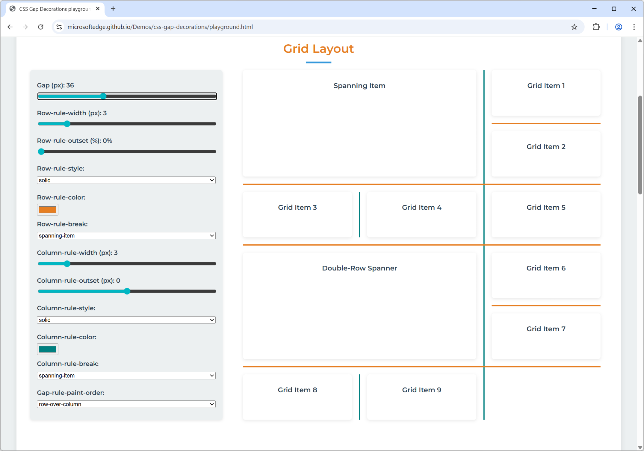 Screenshot of the CSS gap decorations playground demo on the Microsoft Edge Demos website. The webpage shows a grid layout with orange horizontal lines and blue vertical lines drawn between the items in the grid.