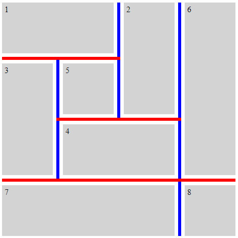 A grid layout illustration with blue column decorations and red row decorations.