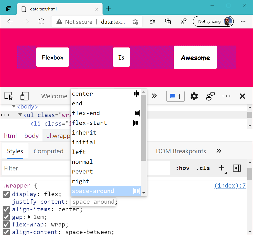 A screenshot of the various features we added to chromium to debug flexbox issues