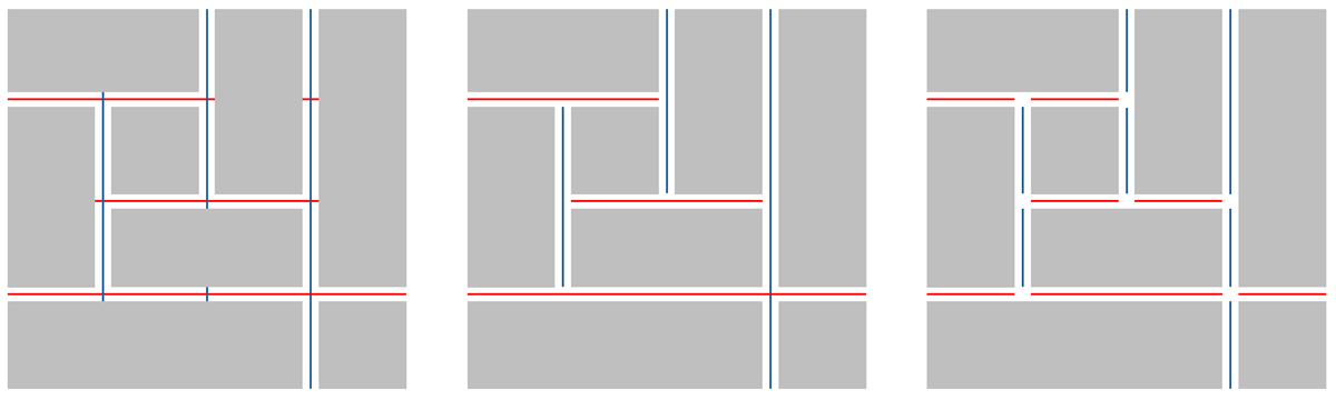 Illustration of three grid layouts with various decorations drawn within the gaps between items.