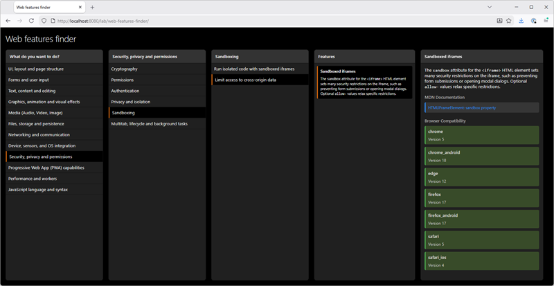 Screenshot of the web features finder demo, showing multiple columns of web development tasks, organized hierarchically.