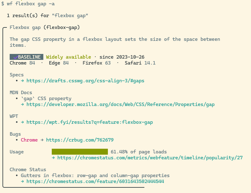 Output of the wf command, showing a feature's name, description, baseline status, docs, and bugs.