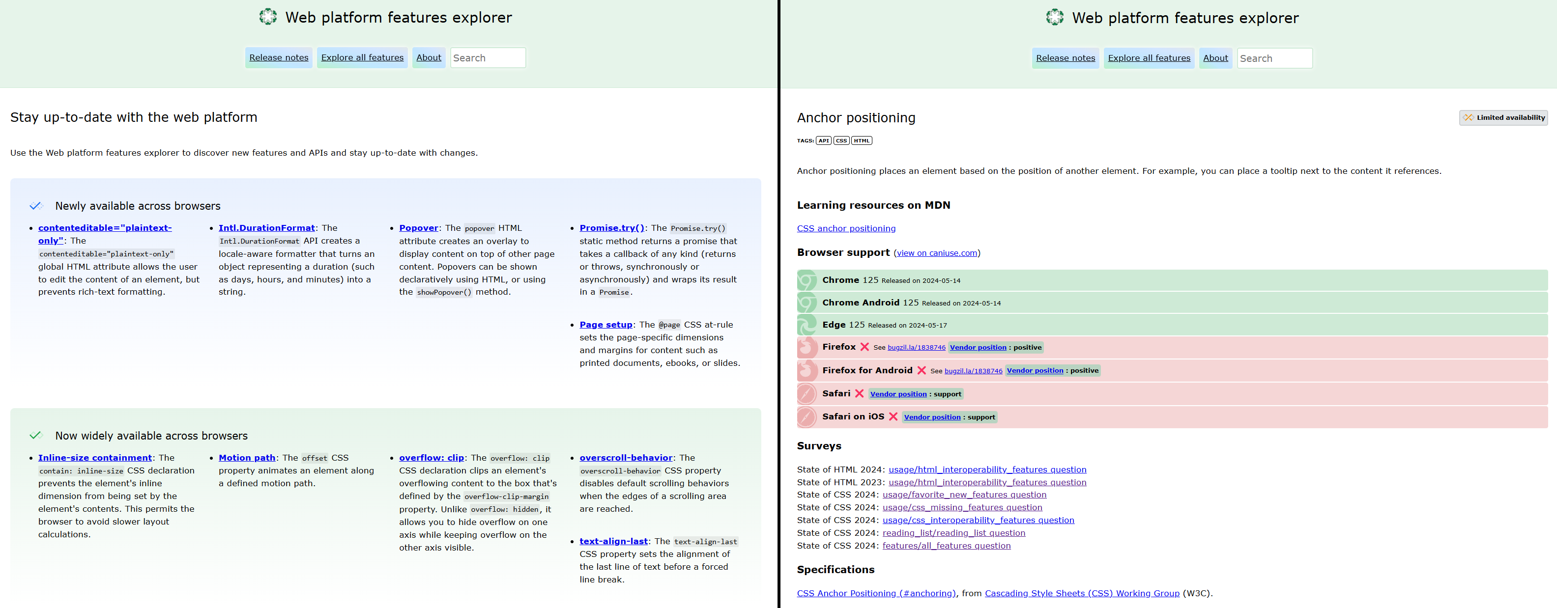 Two screenshots from the Web platform features explorer website. One showing the home page. Another one showing a single feature.