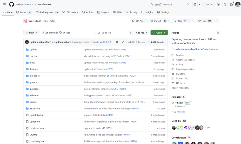 The web-features GitHub repository page on github.com.