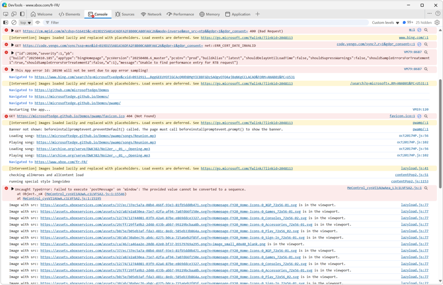 The Console tool in Edge DevTools, showing a long list of errors, warnings, and messages.